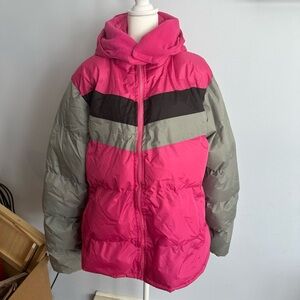 Women's Pink and Gray Hooded Puffer Jacket
